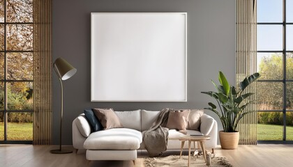 Transparent Decorative Art Frame Mockup in Modern Living Room Interior Minimalist Elegance Meets Transparency, Creating a Captivating Focal Point with a Hint of Warmth and Sophistication.