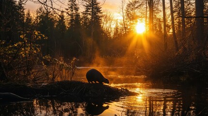 Silhouette of a beaver at sunset near water