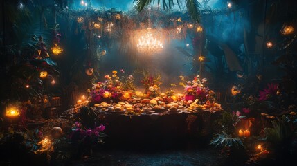 Naklejka premium Vibrant tropical feast set in a lush jungle with candles, flowers, and a chandelier illuminating the scene