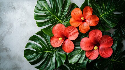 Obraz premium Tropical hibiscus flowers and monstera leaves on gray background