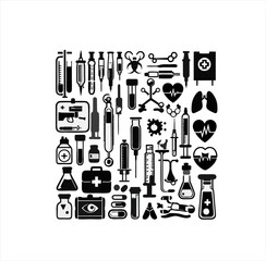 Medical and Laboratory And HIV Virus Organism Icons Set - Black and White Vector Illustration