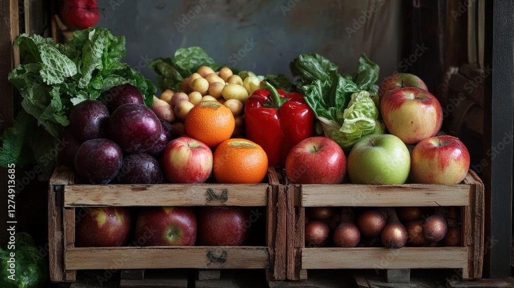 Poster fresh assortment of colorful fruits and vegetables displayed in wooden crates on a rustic shelf