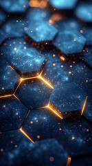 3D geometric abstract background with glowing light effects and overlapping triangular and hexagonal shapes in shades of blue and green.
