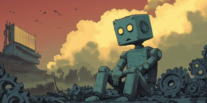 Sad robot sitting amidst ruins under a hazy sky