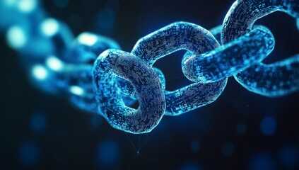 Glowing blue chain links, digital network, dark background, security concept