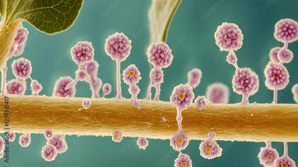 Poster close-up view of microscopic fungi growing on a plant stem in a laboratory setting under light micro