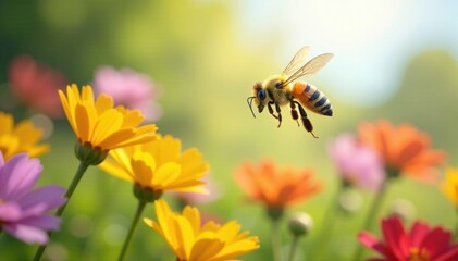 Yellow bee flying over colorful flowers in a sunny meadow, with a slight blur effect , outdoor, insect, nature