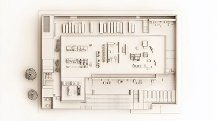 Detailed architectural blueprint of a building interior and exterior with trees on a white background