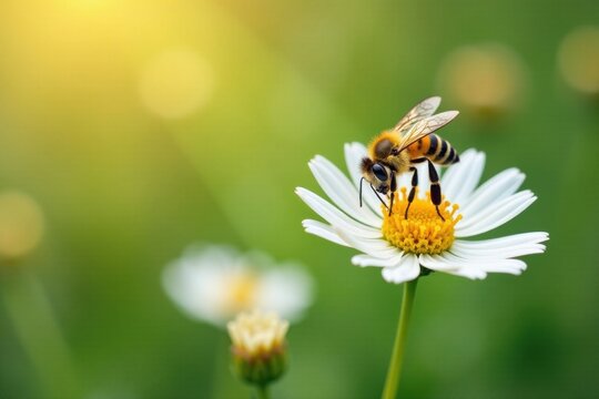 Yellow bee hovering above white flowers, insects, nature, white - Powered by Adobe