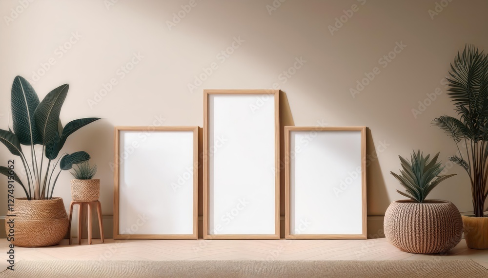 Poster minimalistic beige backdrop with standing vertical poster frame in a modern setting, elevating conte