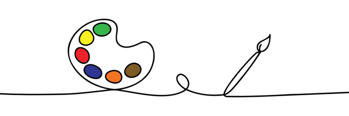 Brush and painting palette with paints. Continuous one line drawing. Vector illustration isolated on white background