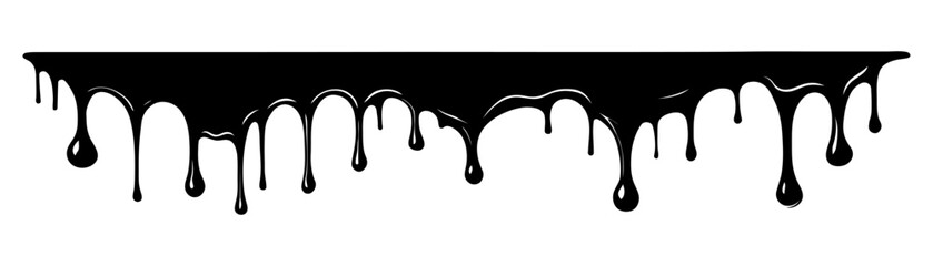 Black dripping paint, melting chocolate or drip of oil. Set of abstract liquid stain elements. Flat vector illustration of splash ink flows