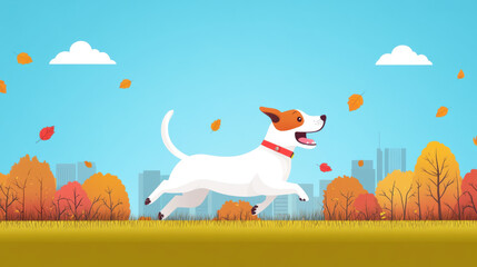 Naklejka premium joyful dog runs through autumn park, surrounded by colorful leaves and city skyline