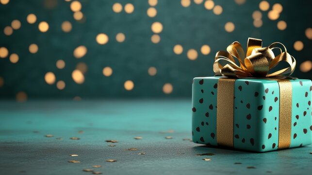 Festive teal gift box with golden ribbon and confetti on a blurred background of shimmering lights