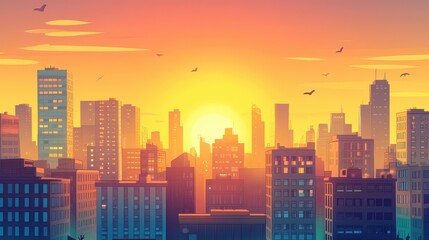 Fototapeta premium Stylized illustration of a city skyline at golden hour