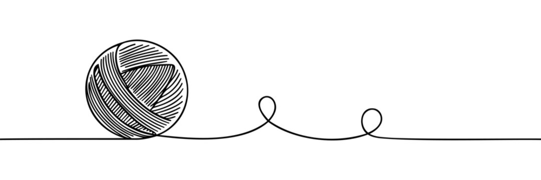 recommend clip art: Ball of yarn continuous line sign. Round skein of knitting thread isolated on white background. Merino for knit needles, cotton for crochet. Crafting hobby. Vector sketch symbol for handmade design