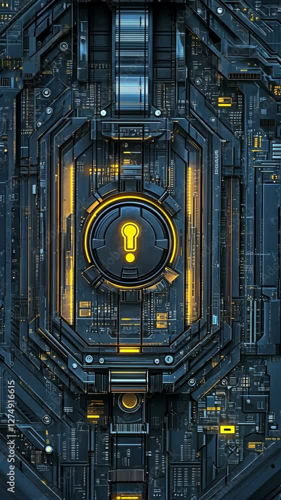 Poster complex technological design featuring intricate circuitry and an attention-catching yellow symbol o