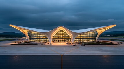 Modern airport terminal illuminated at dusk, showcasing its unique architectural design.