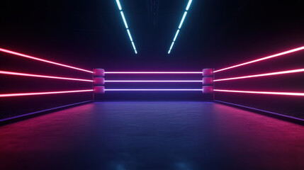 Futuristic boxing ring with neon holographic ropes glowing in vibrant colors, creating energetic atmosphere