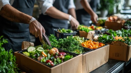 Obraz premium A catering team delivering premium boxed lunches