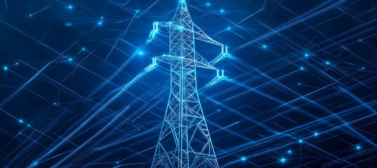 Digitally rendered high voltage electricity pylon on a blue background