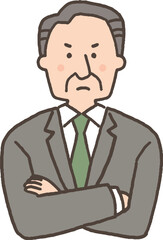 腕組みをして怒っているスーツ姿のシニア男性