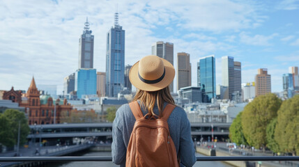 Exploring city skyline, female tourist admires urban landscape with hat and backpack