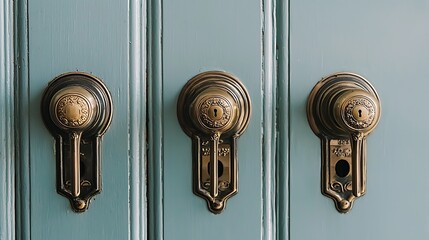 Three ornate antique door knobs on a pale teal door.