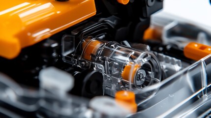 Close-up of transparent engine mechanism, studio shot, industrial background, product detail