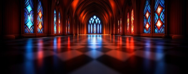 Obraz premium Cathedral Interior with Stained Glass Windows and Checkered Floor Reflecting Light Design Aesthetics