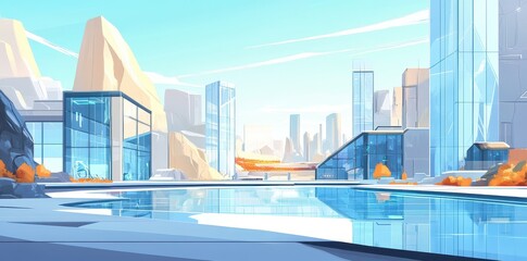 Cartoon style landscape showing a futuristic cityscape with mountains