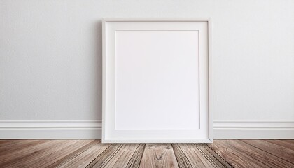 Elegant White Frame and Mat on Rustic Wooden Floor against a Crisp White Wall Minimalistic Ratio Artwork, Perfect for Modern Interiors and Digital Art