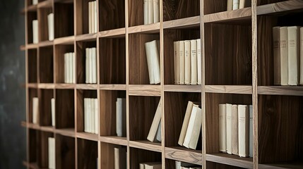 A wall-mounted, modular walnut bookcase filled with antique off-white books.