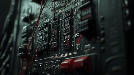 Fototapeta premium Close-up of a Futuristic, Darkly Lit Control Panel with Red Wiring