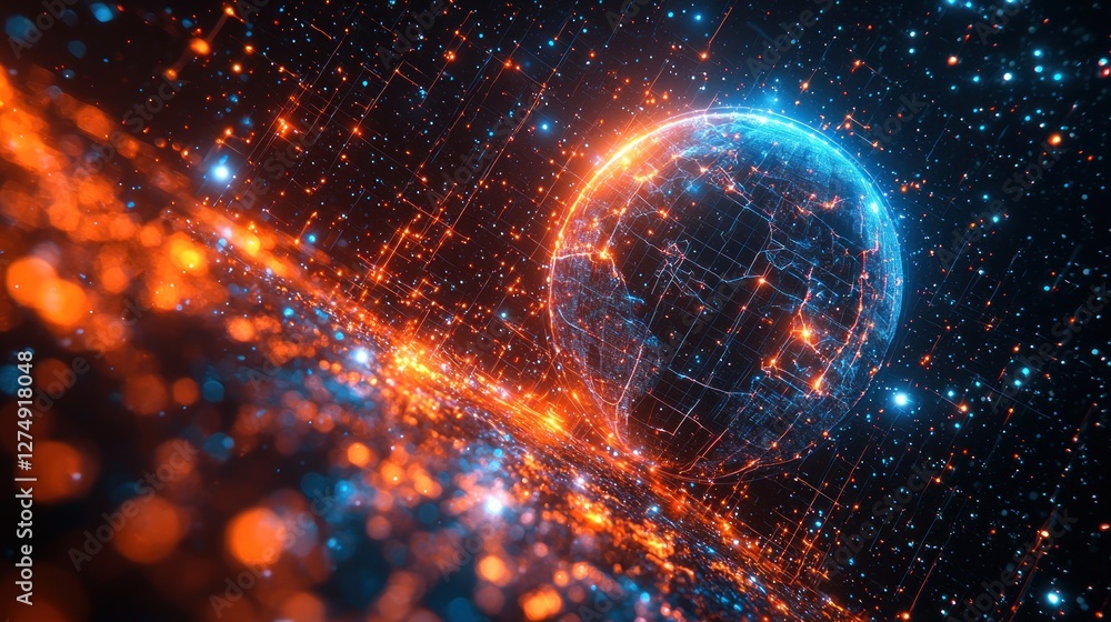 Aufkleber global network connectivity, futuristic technology sphere with data stream