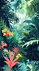 Lush jungle scene with vibrant flora and dense foliage