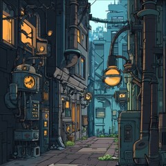 Cartoon style illustration of a city alley at night