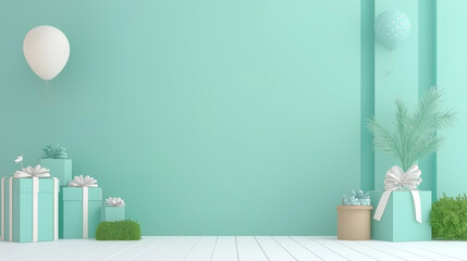Celebration Space: A serene scene, presents the soft aesthetic of pastel decor, featuring gift boxes adorned with elegant bows, balloons, and greenery.