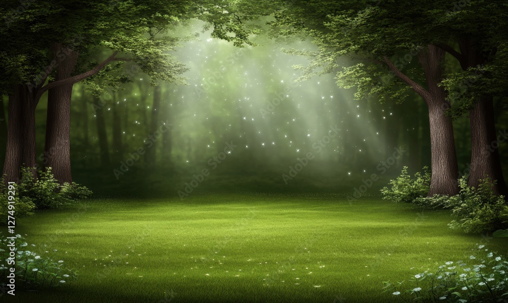 Aufkleber serene forest glade illuminated by soft sunlight with floating particles and lush greenery
