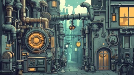 Fototapeta premium Steampunk city streetscape features industrial pipes and mechanical structures