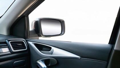 A tranquil sanctuary amidst futuristic elegance A pristine blank white rear view mirror illuminating the sleek interior of an advanced vehicle, reflecting the serene ambiance of tomorrows
