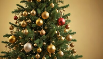 Christmas tree with ornaments hanging from branches isolated on a gold background,  holiday,  background,  christmas tree