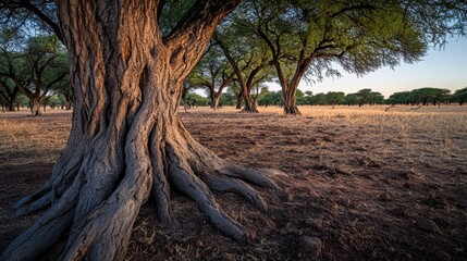Majestic Tree with Intricate Roots in Sunlit Open Field Under Clear Blue Sky
