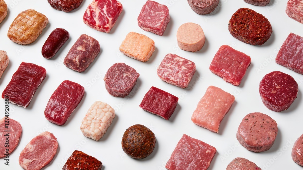 Poster assorted cuts of raw meat displayed on a white surface for culinary presentation and selection