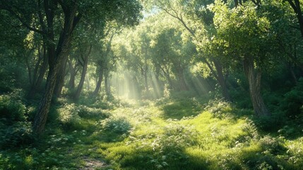 Fototapeta premium Sunlight Filtering Through a Lush Forest