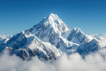 Majestic snow-capped mountain peak above clouds. Aerial view. Possible use for travel advertisement