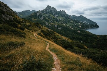Fototapeta premium Path leading to mountain peaks by the coast, for hiking and tourism marketing