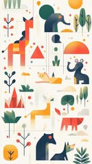Colorful geometric animal pattern featuring various species and plants