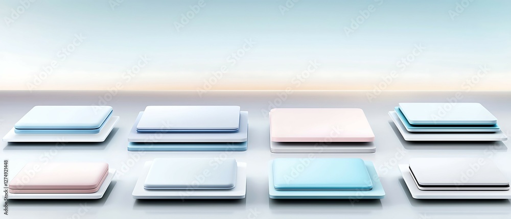 Poster a collection of stacked laptops in various colors against a soft gradient background, showcasing mod