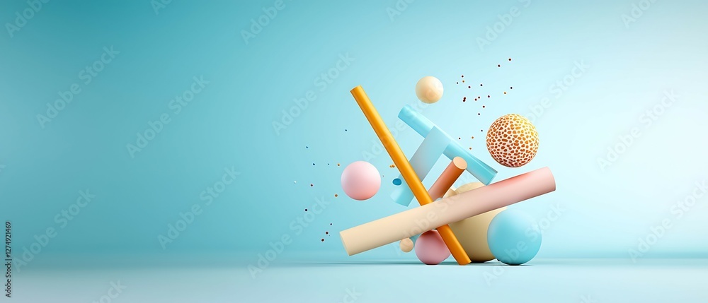 Aufkleber colorful geometric shapes arranged dynamically against a soft blue background, creating a playful an